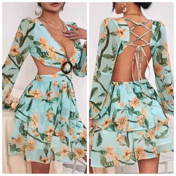 Shein Lace-up Backless Floral Dress - Picture 2 of 6